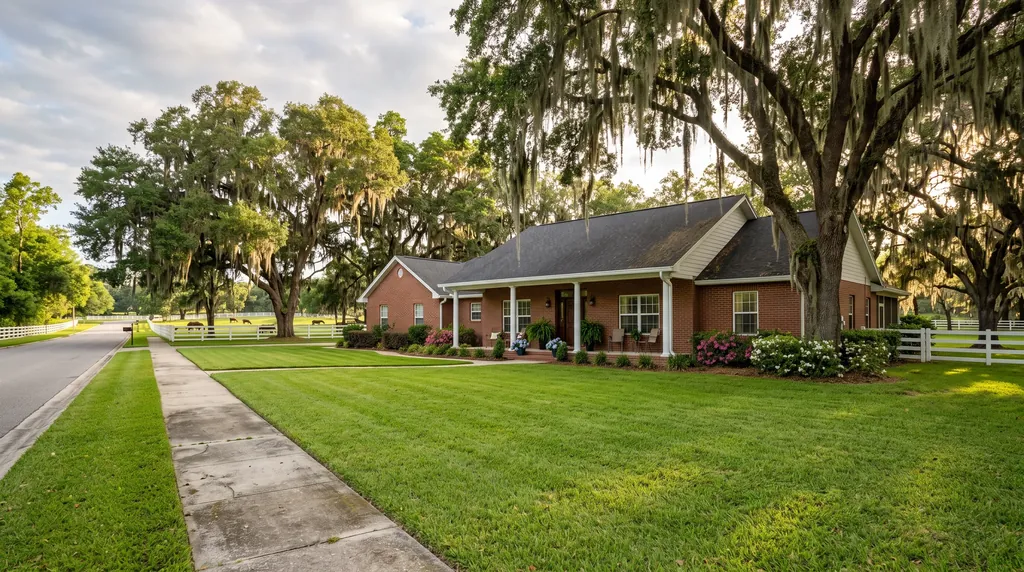 Brick ranch home under live oaks with horse pasture fencing in Marion County, Florida